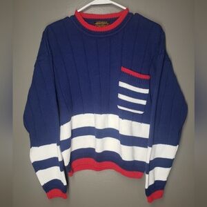 Vintage Eddie Bauer Womens Knit Sweater Size Large Blue Red White 100% Cotton